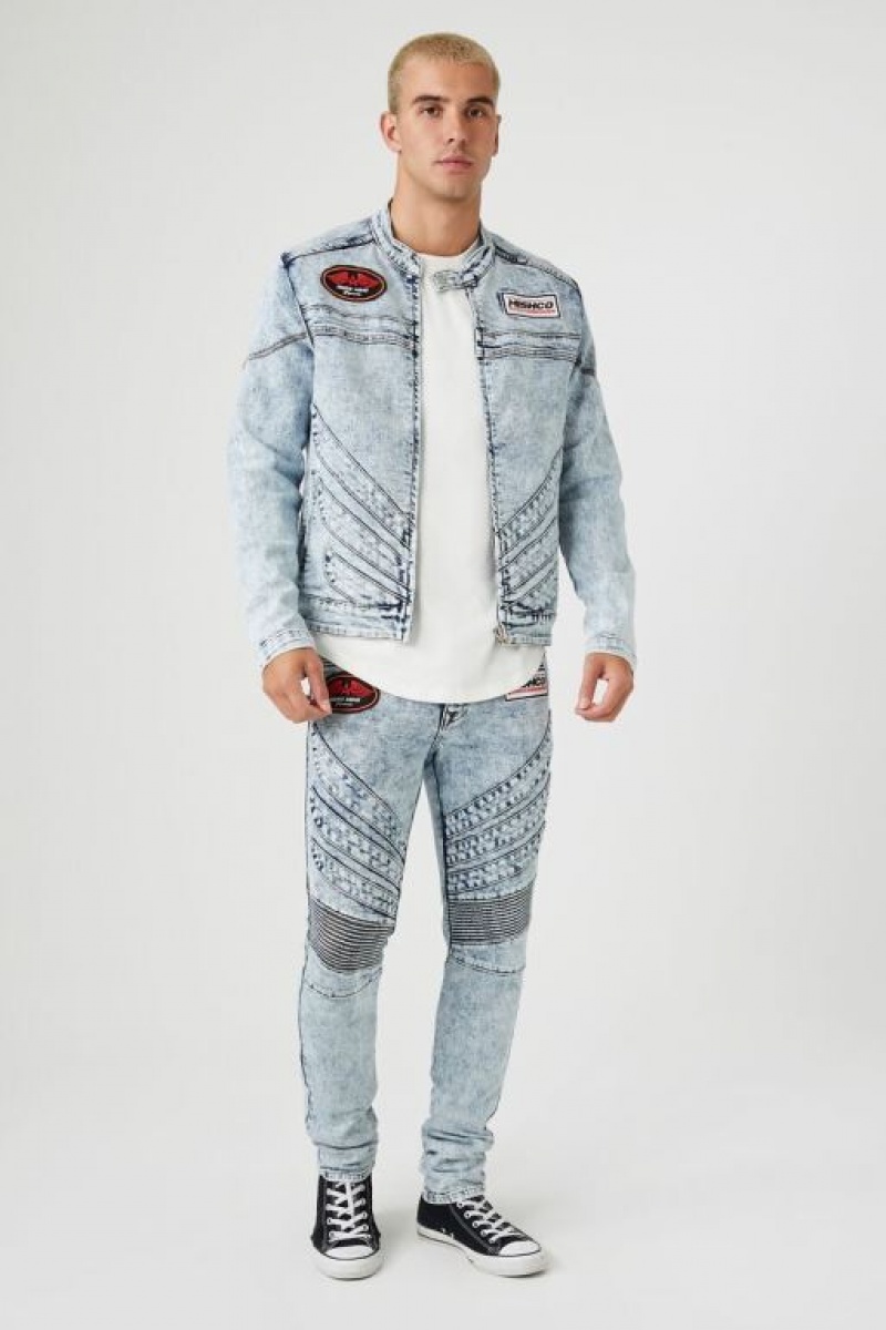 Jeans Forever 21 Patch Denim Moto Flaco Hombre Azules Claro | vHa9o7Xbfpf