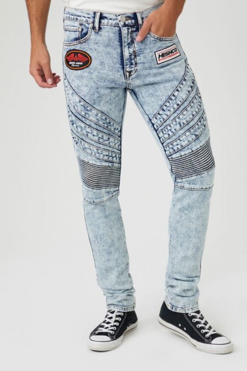 Jeans Forever 21 Patch Denim Moto Flaco Hombre Azules Claro | vHa9o7Xbfpf