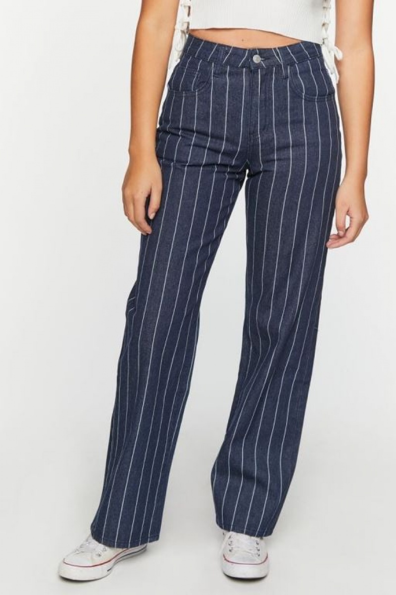 Jeans Forever 21 Pinstripe Directo Leg Mujer Azules Oscuro Blancas | JPTF9hAixQu