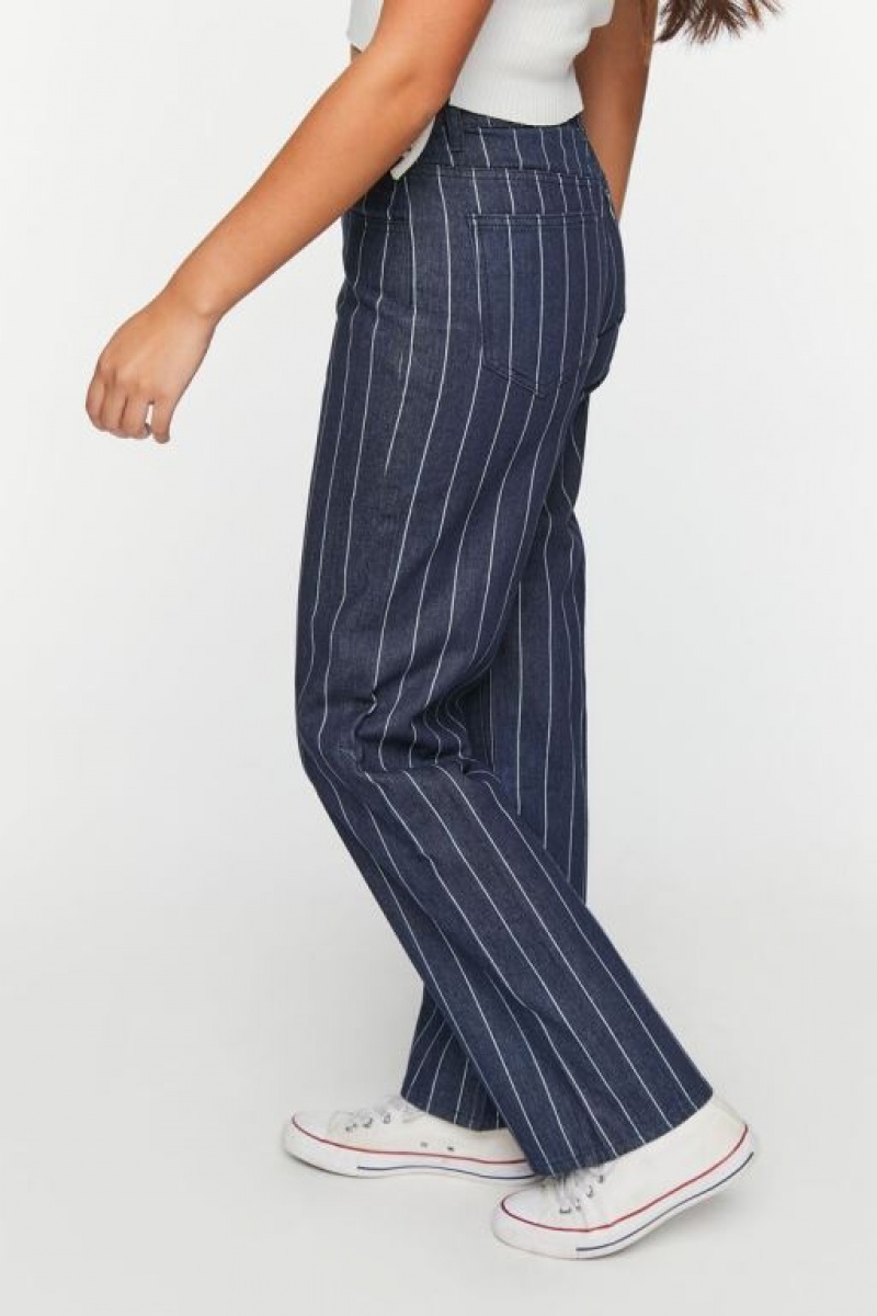 Jeans Forever 21 Pinstripe Directo Leg Mujer Azules Oscuro Blancas | JPTF9hAixQu