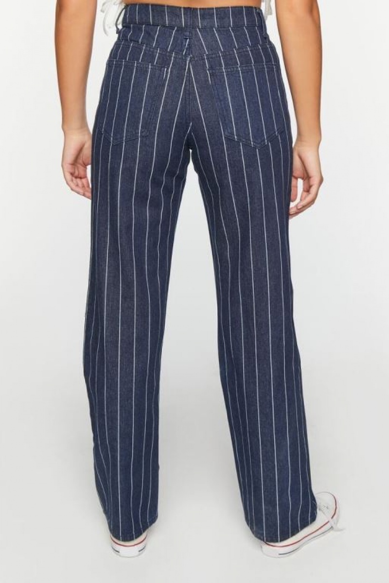 Jeans Forever 21 Pinstripe Directo Leg Mujer Azules Oscuro Blancas | JPTF9hAixQu