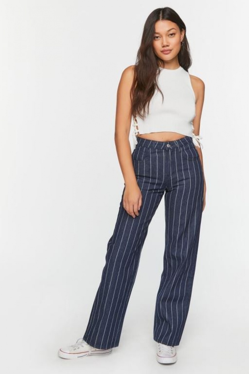 Jeans Forever 21 Pinstripe Directo Leg Mujer Azules Oscuro Blancas | JPTF9hAixQu