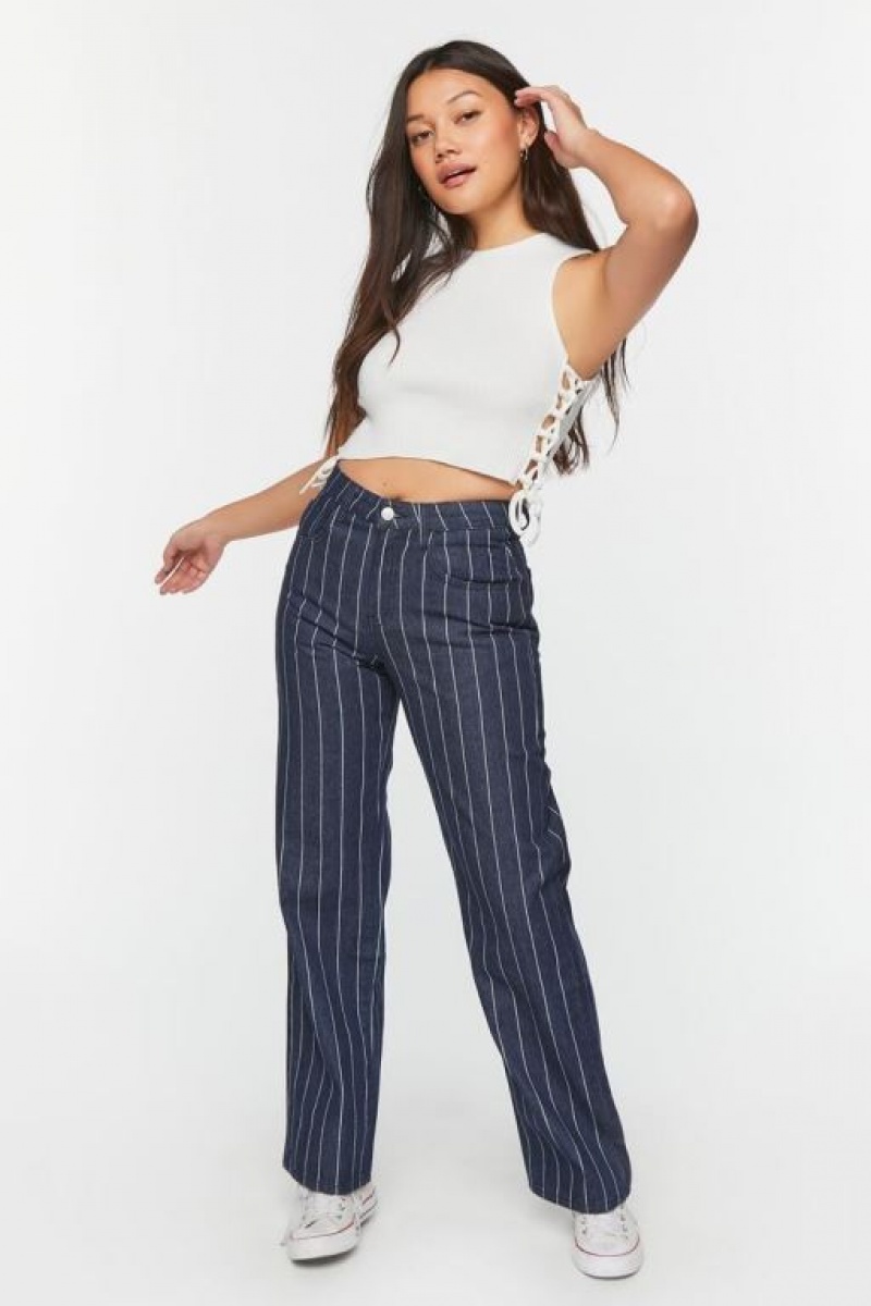 Jeans Forever 21 Pinstripe Directo Leg Mujer Azules Oscuro Blancas | JPTF9hAixQu