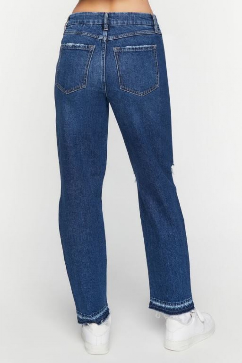 Jeans Forever 21 Recycled Cotton Distressed Directo Leg Mujer Azules Oscuro | bGQ1aRnQOBm