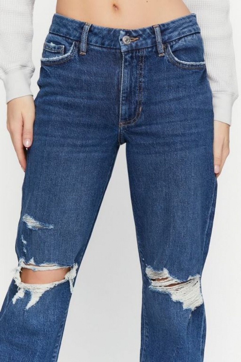 Jeans Forever 21 Recycled Cotton Distressed Directo Leg Mujer Azules Oscuro | bGQ1aRnQOBm