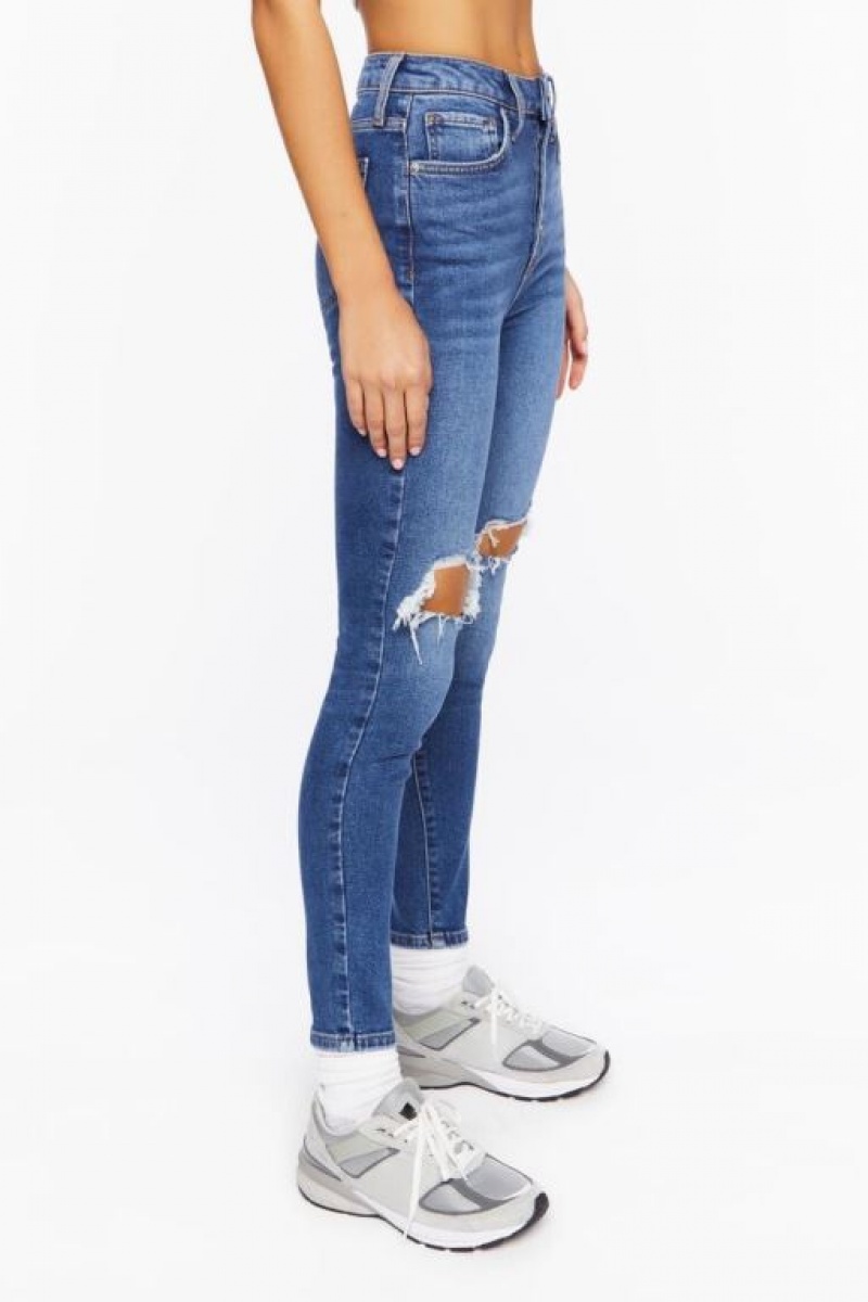 Jeans Forever 21 Recycled Cotton Distressed Flaco Mujer Azules Oscuro | foai8vrI0x3