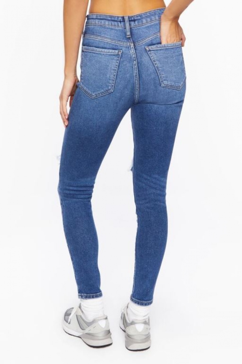 Jeans Forever 21 Recycled Cotton Distressed Flaco Mujer Azules Oscuro | foai8vrI0x3