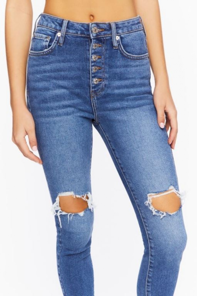 Jeans Forever 21 Recycled Cotton Distressed Flaco Mujer Azules Oscuro | foai8vrI0x3