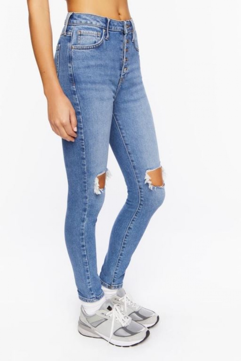 Jeans Forever 21 Recycled Cotton Distressed Flaco Mujer Azules | Cisj4fXaNhs