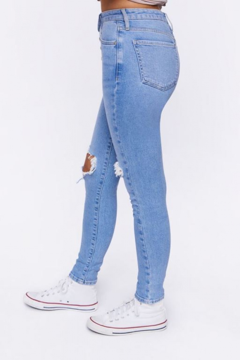 Jeans Forever 21 Recycled Cotton Distressed Flaco Mujer Azules Claro | MgzKXAguVyc