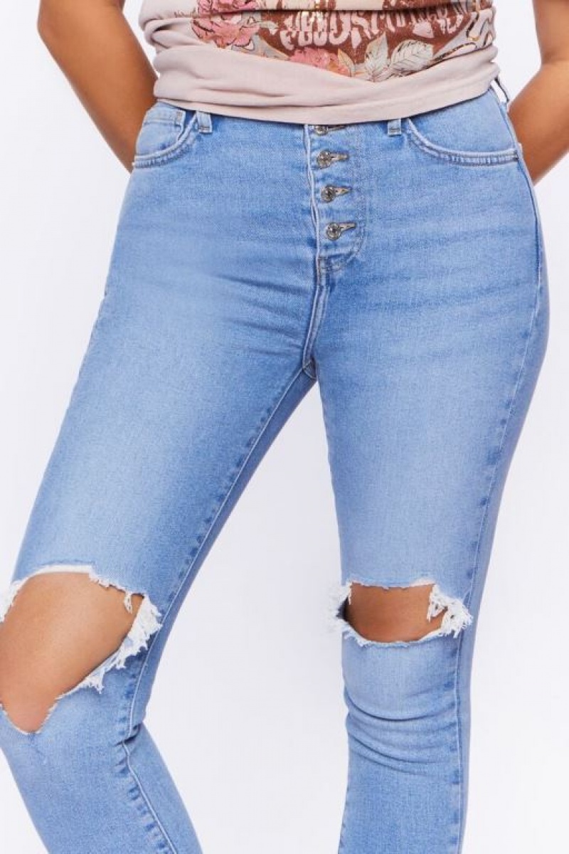 Jeans Forever 21 Recycled Cotton Distressed Flaco Mujer Azules Claro | MgzKXAguVyc