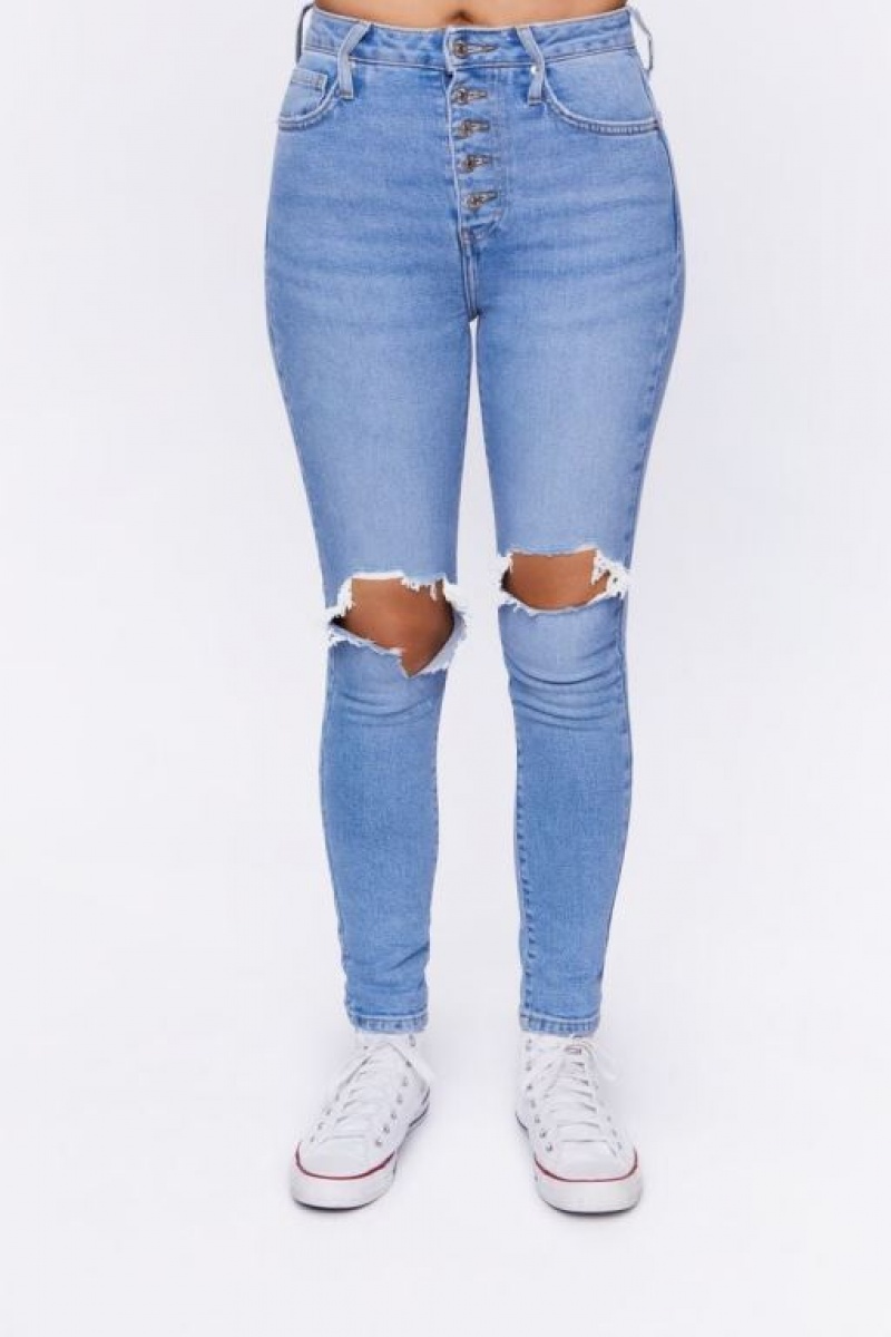 Jeans Forever 21 Recycled Cotton Distressed Flaco Mujer Azules Claro | MgzKXAguVyc