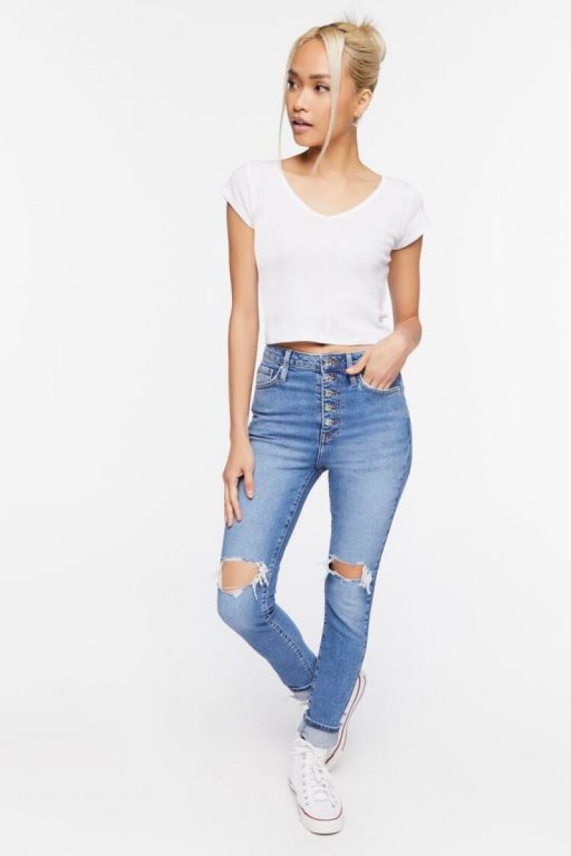 Jeans Forever 21 Recycled Cotton Distressed Flaco Mujer Azules | vx60ODTDI3M