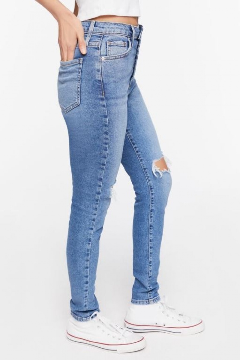 Jeans Forever 21 Recycled Cotton Distressed Flaco Mujer Azules | vx60ODTDI3M