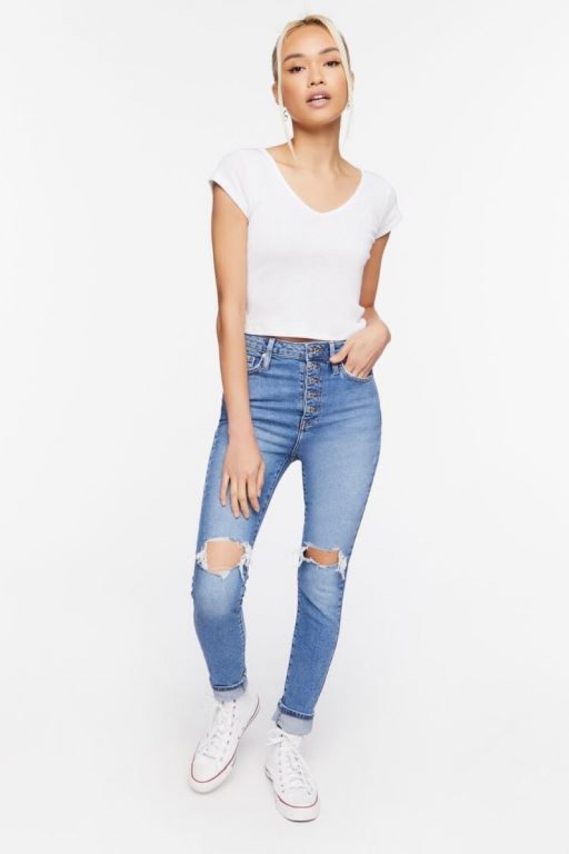 Jeans Forever 21 Recycled Cotton Distressed Flaco Mujer Azules | vx60ODTDI3M