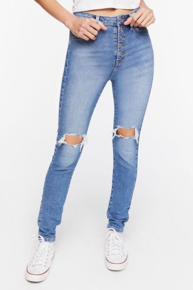 Jeans Forever 21 Recycled Cotton Distressed Flaco Mujer Azules | vx60ODTDI3M