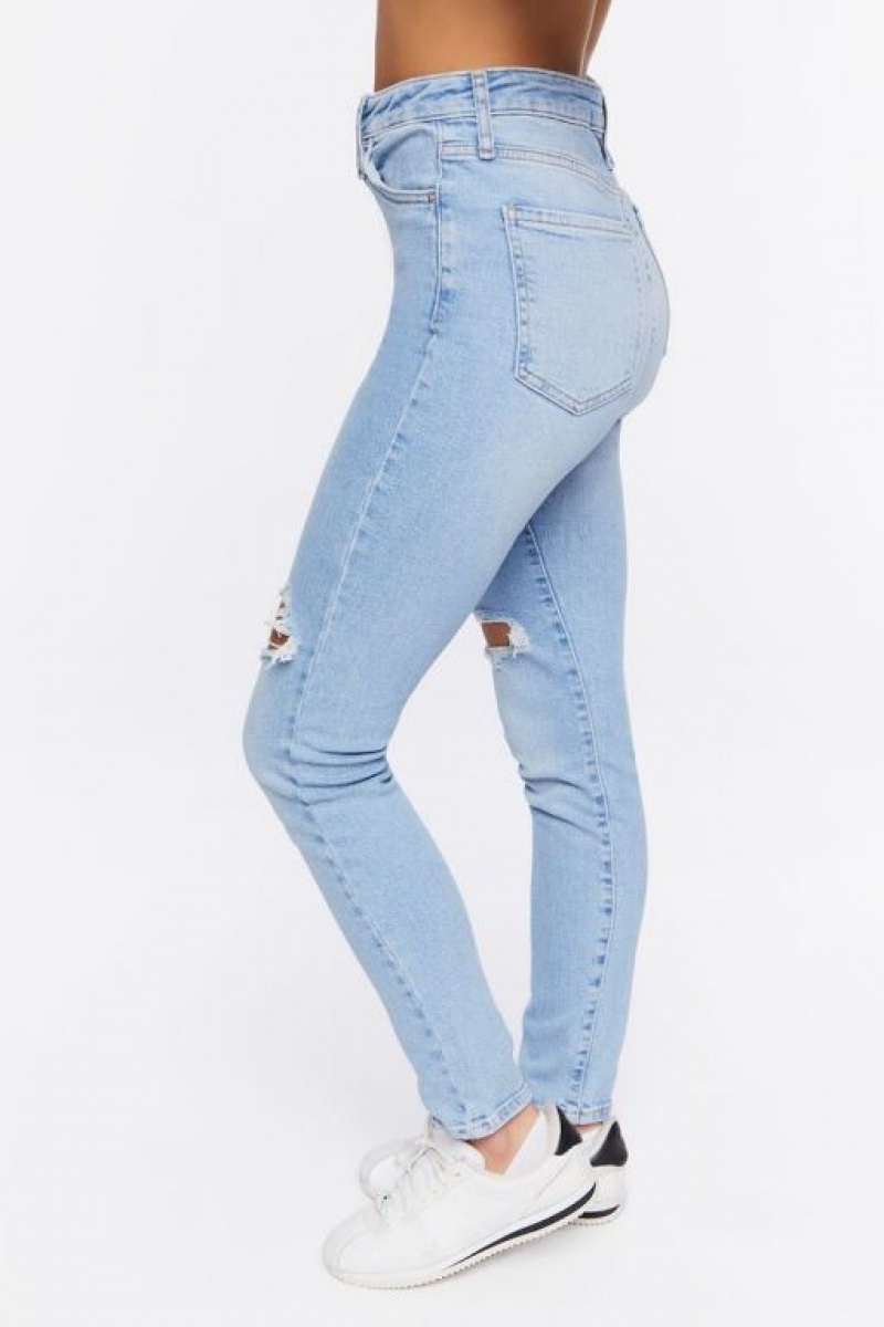 Jeans Forever 21 Recycled Cotton Distressed Flaco Mujer Azules Claro | MbVLjrmzRlP