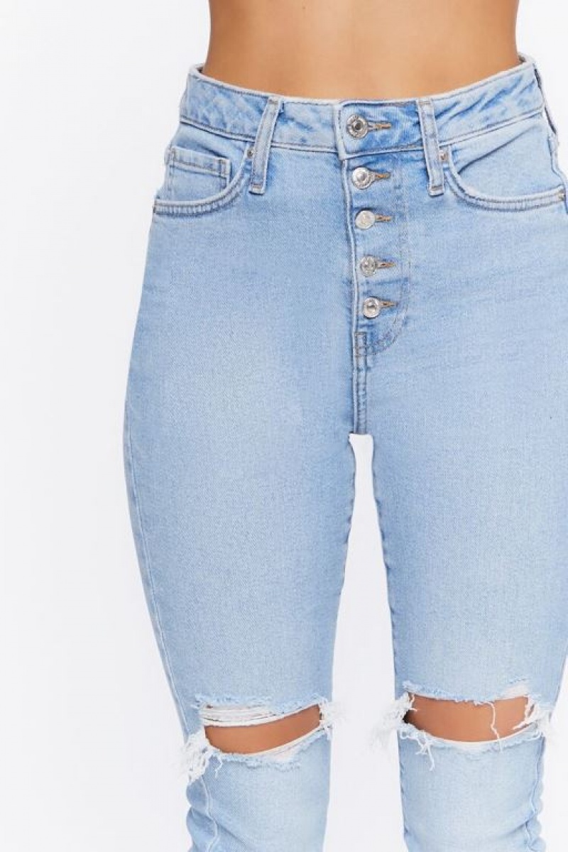 Jeans Forever 21 Recycled Cotton Distressed Flaco Mujer Azules Claro | MbVLjrmzRlP