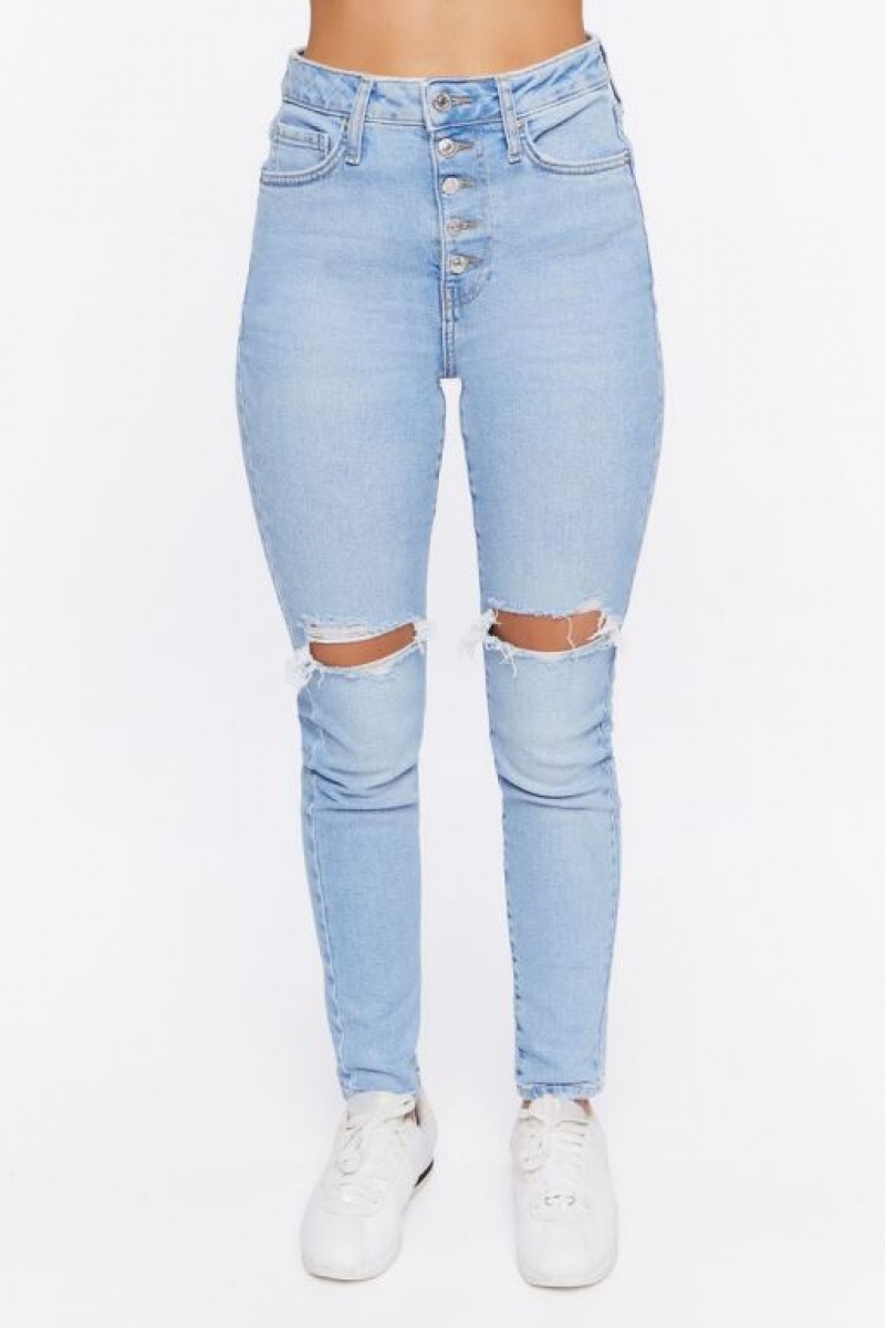 Jeans Forever 21 Recycled Cotton Distressed Flaco Mujer Azules Claro | MbVLjrmzRlP