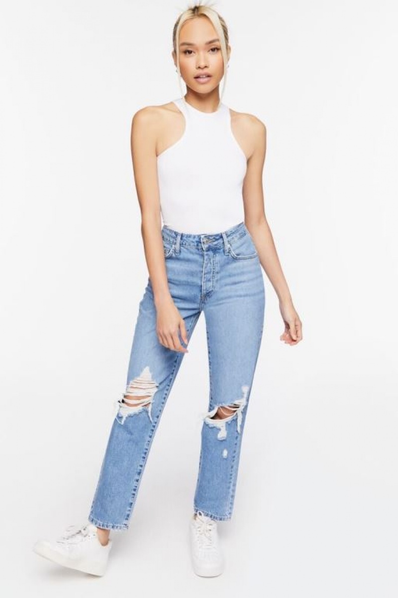 Jeans Forever 21 Recycled Cotton Distressed Mom Mujer Azules | VygF8Mi8VvY