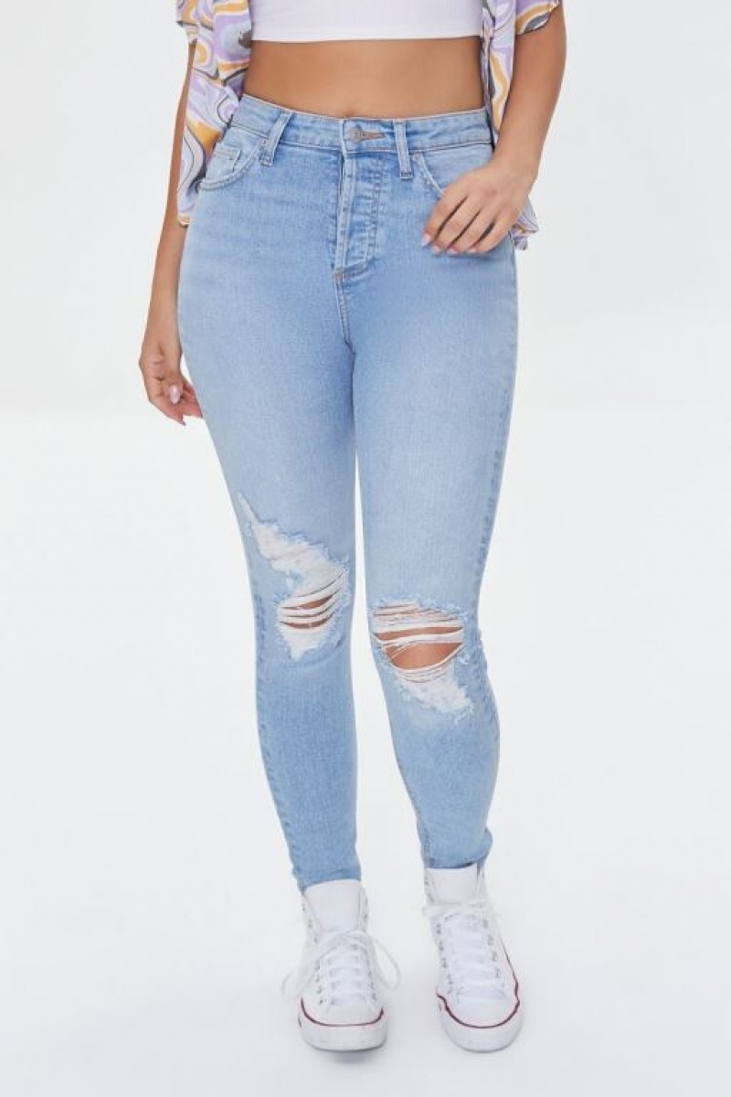 Jeans Forever 21 Recycled Cotton Distressed High Rise Flaco Mujer Azules Claro | 5w19vLv5UoI