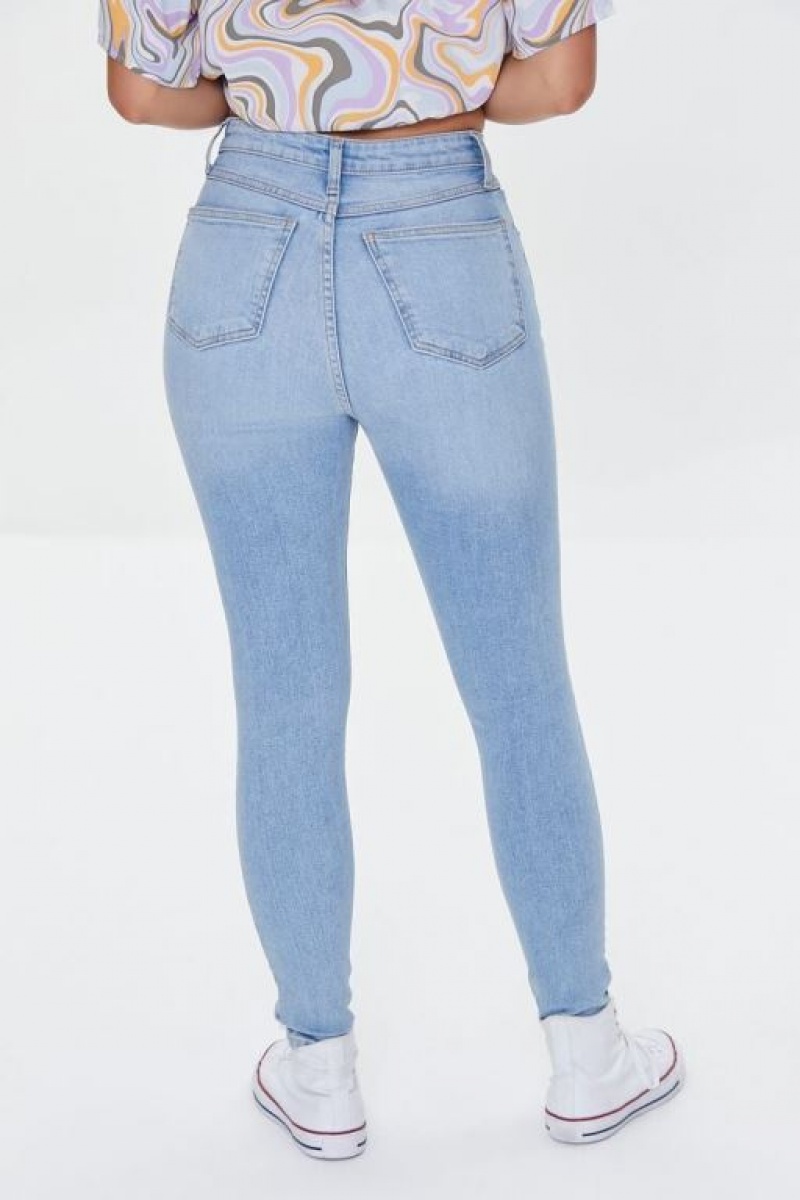 Jeans Forever 21 Recycled Cotton Distressed High Rise Flaco Mujer Azules Claro | 5w19vLv5UoI