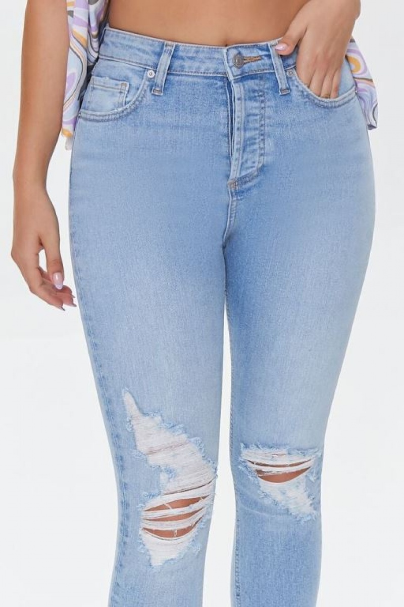 Jeans Forever 21 Recycled Cotton Distressed High Rise Flaco Mujer Azules Claro | 5w19vLv5UoI