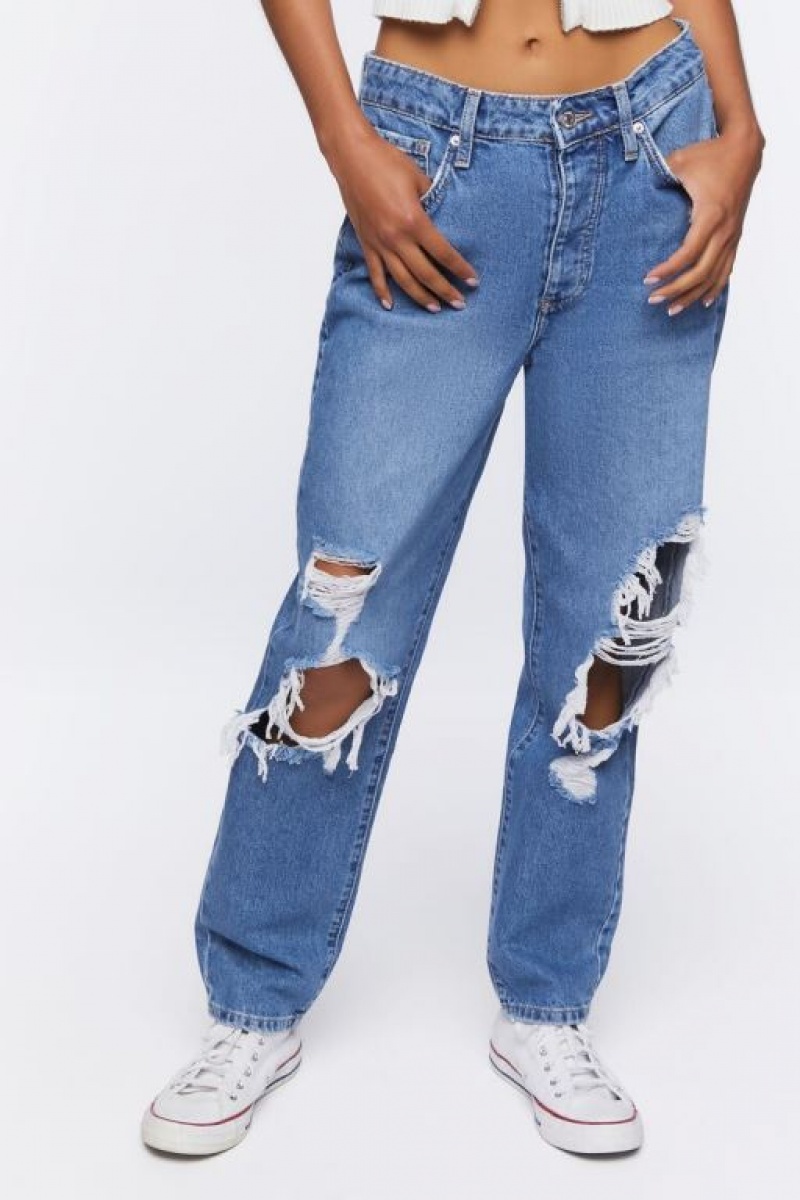 Jeans Forever 21 Recycled Cotton Distressed Mom Mujer Azules | hu3qSlBKiaW