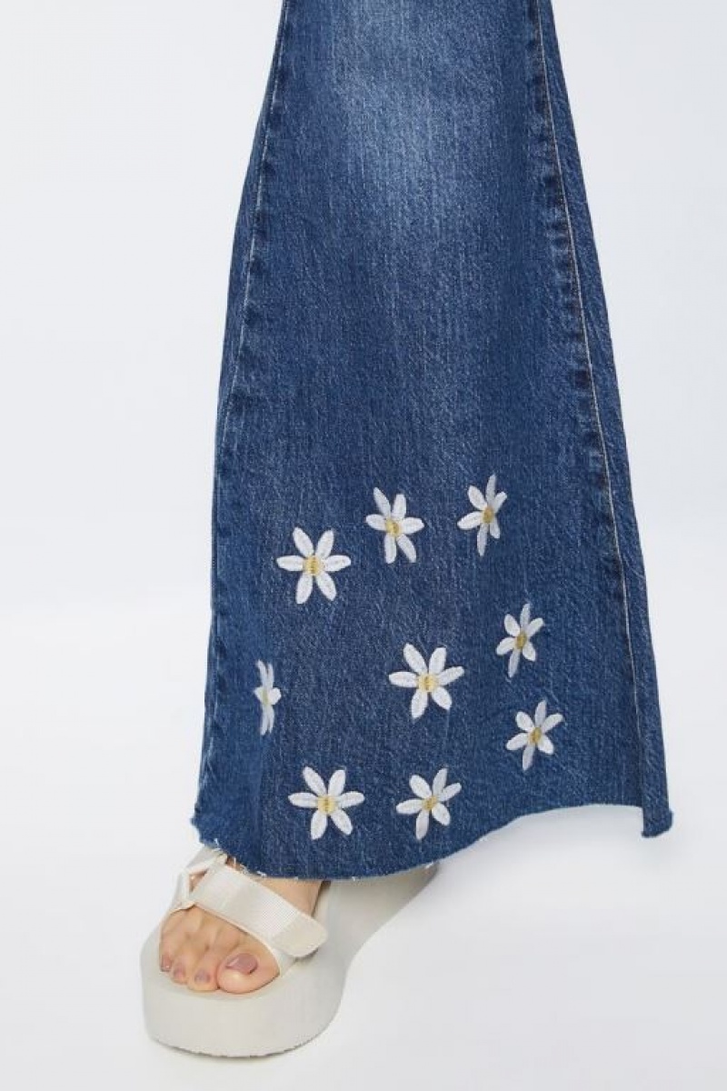 Jeans Forever 21 Recycled Cotton Embroidered Floral Flare Mujer Azules | nbFP4HUH7CK