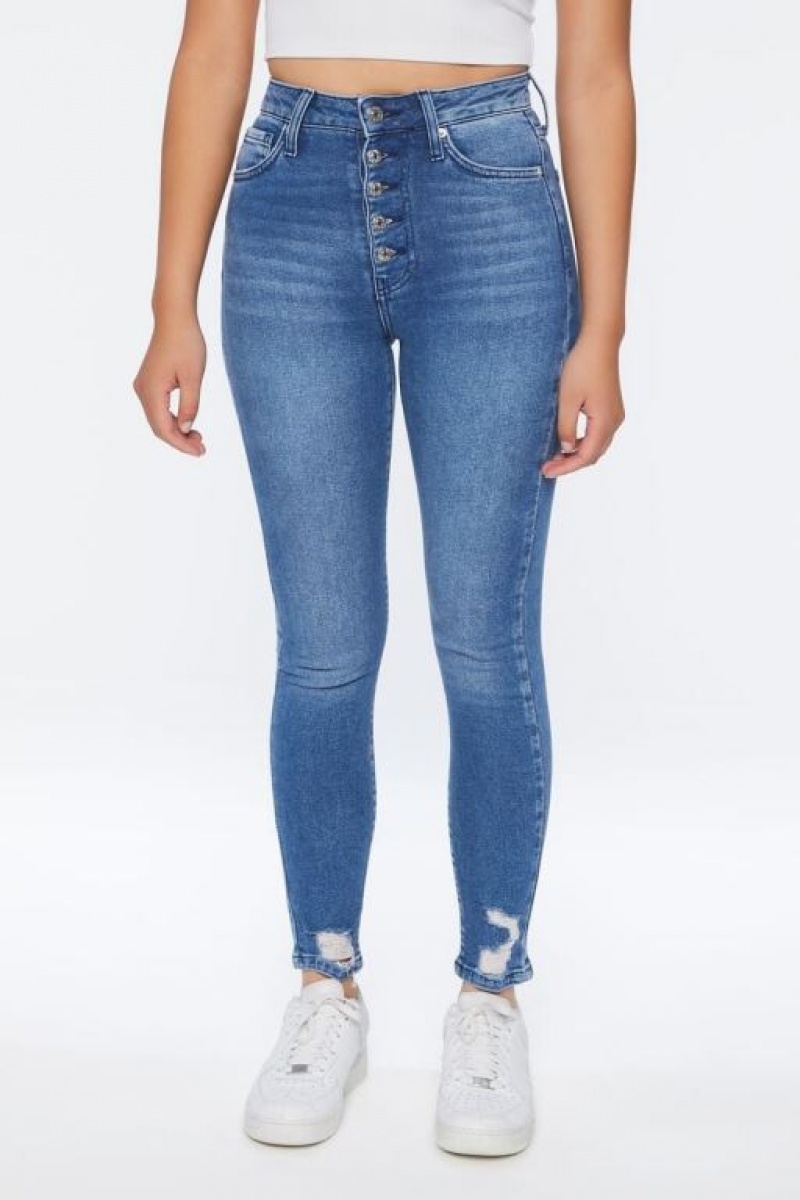 Jeans Forever 21 Recycled Cotton High Rise Flaco Mujer Azules Oscuro | fQ1aZRccB8q