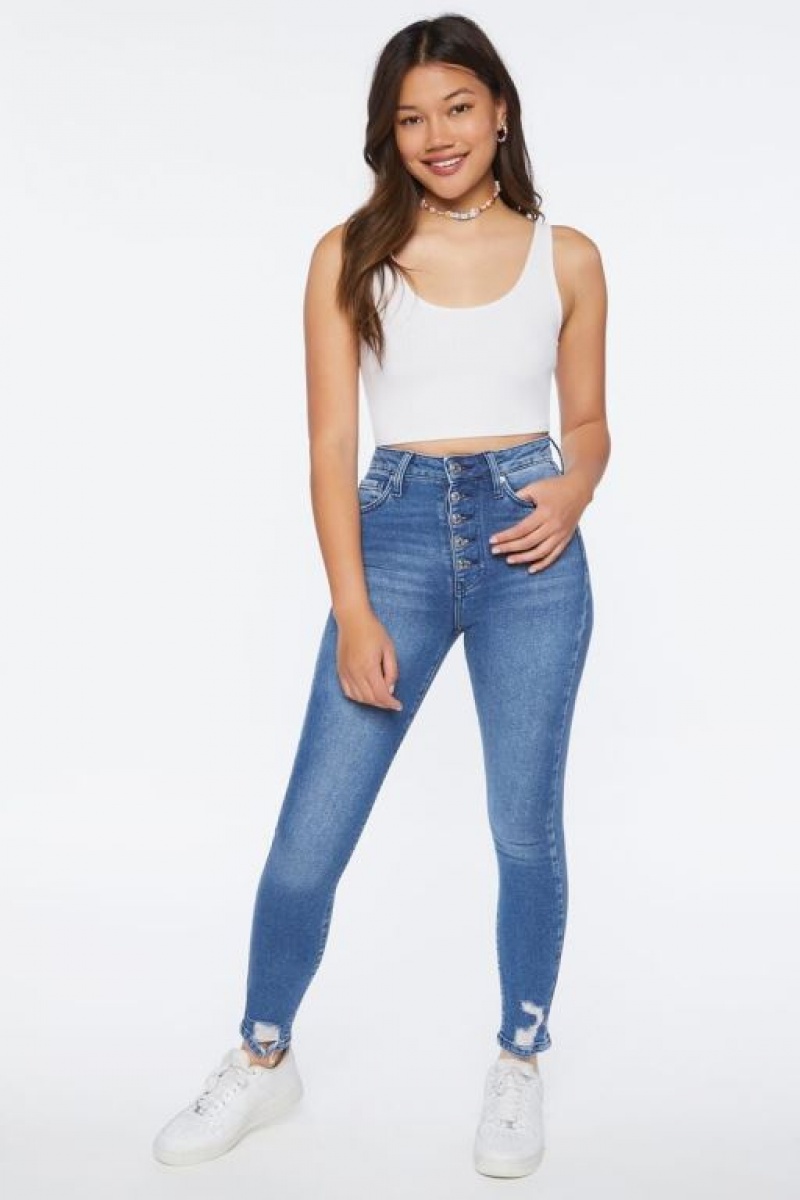 Jeans Forever 21 Recycled Cotton High Rise Flaco Mujer Azules Oscuro | fQ1aZRccB8q