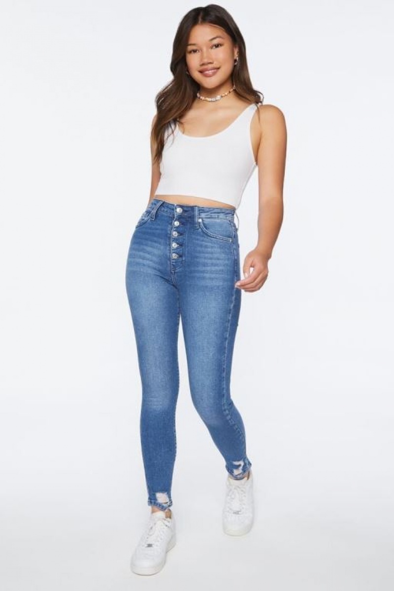 Jeans Forever 21 Recycled Cotton High Rise Flaco Mujer Azules Oscuro | fQ1aZRccB8q