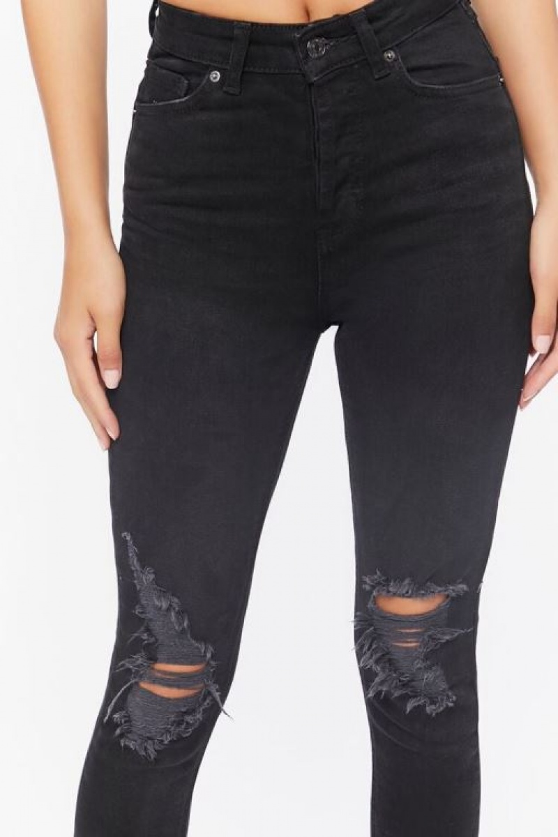 Jeans Forever 21 Recycled Cotton High Rise Distressed Mujer Negras | ZHD8h0hZDNg