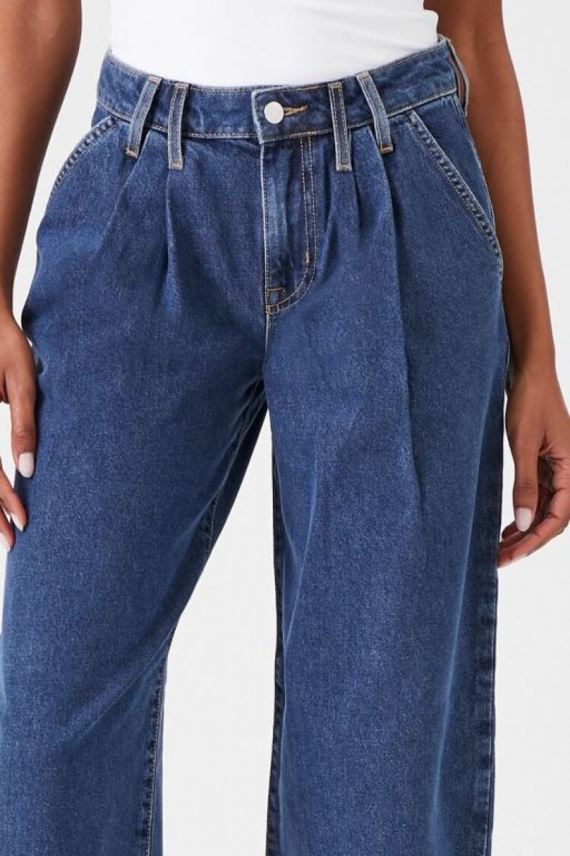 Jeans Forever 21 Recycled Cotton Plisado Wide Leg Mujer Azules Oscuro | vA1NlOIkVWj