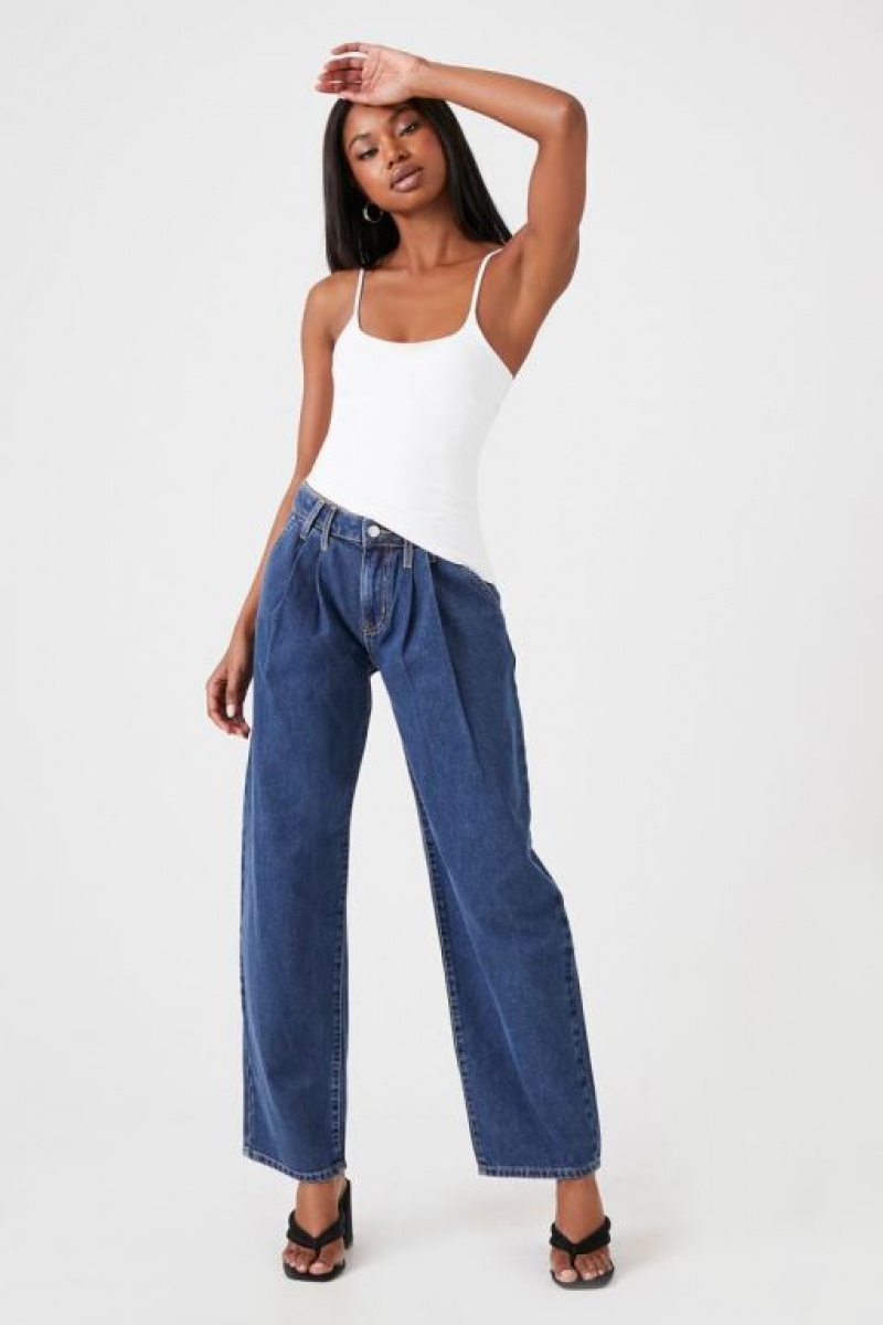 Jeans Forever 21 Recycled Cotton Plisado Wide Leg Mujer Azules Oscuro | vA1NlOIkVWj