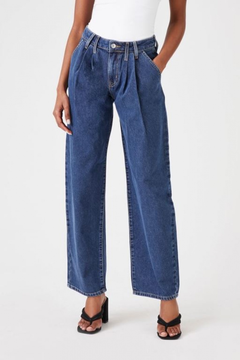 Jeans Forever 21 Recycled Cotton Plisado Wide Leg Mujer Azules Oscuro | vA1NlOIkVWj