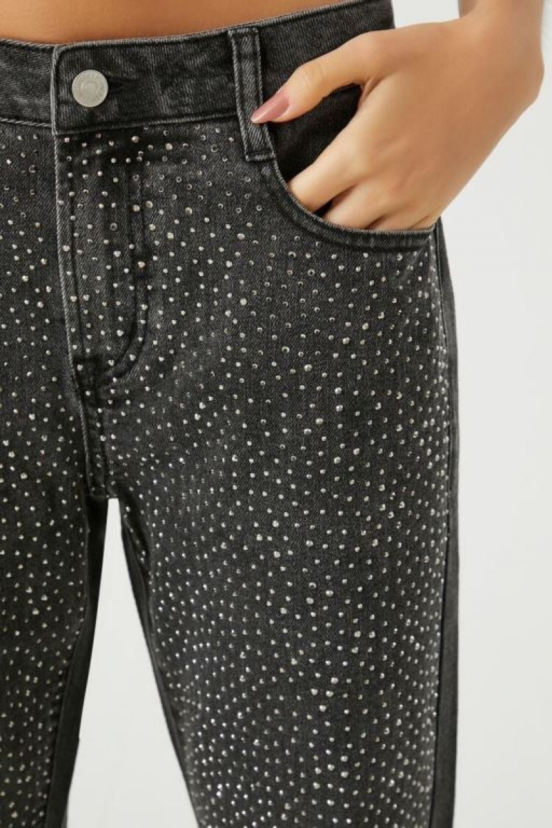 Jeans Forever 21 Rhinestone Directo Leg Mujer Negras | JpDJb2N6lrK