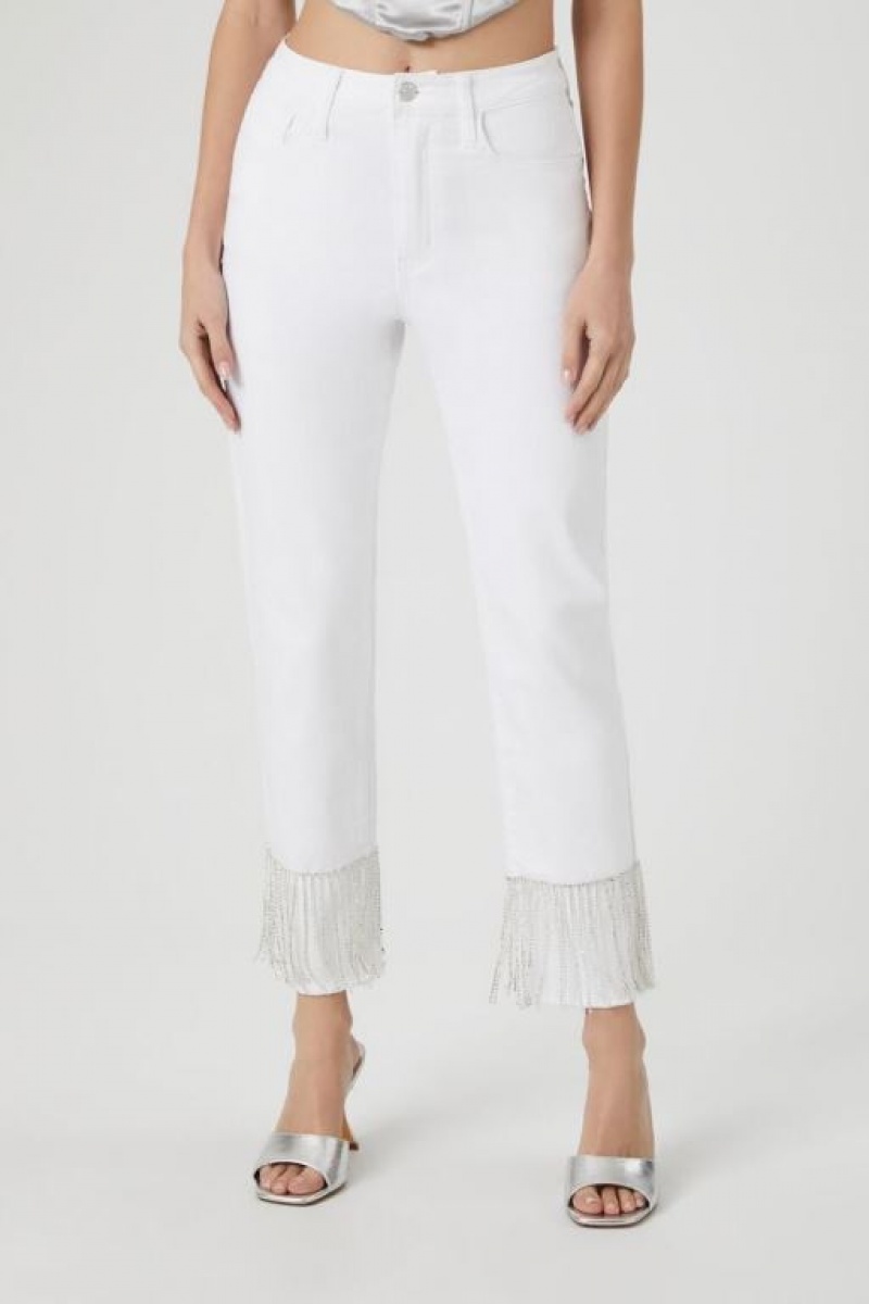 Jeans Forever 21 Rhinestone Fringe Directo Leg Mujer Blancas | kB3Y7DcG28g