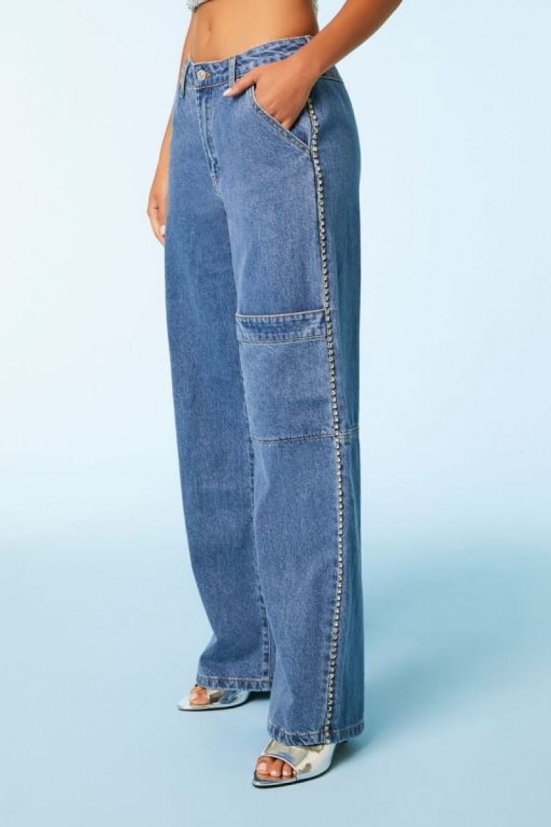 Jeans Forever 21 Rhinestone Trim Cargo Mujer Azules | TVCYk4CBn3O