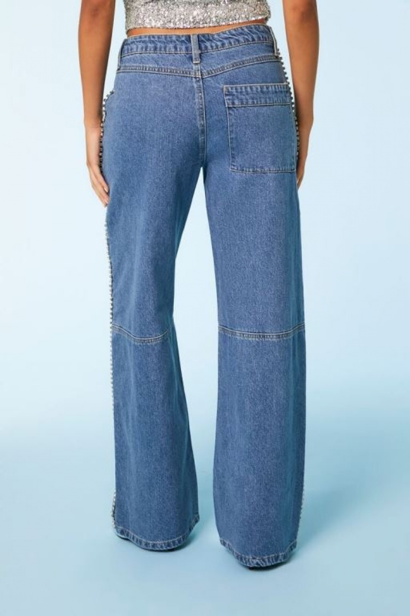 Jeans Forever 21 Rhinestone Trim Cargo Mujer Azules | TVCYk4CBn3O