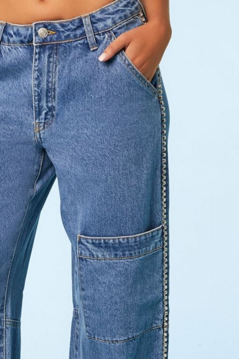 Jeans Forever 21 Rhinestone Trim Cargo Mujer Azules | TVCYk4CBn3O