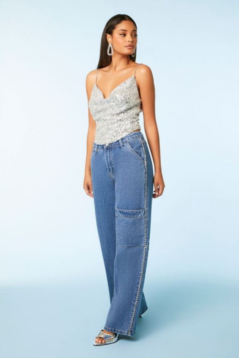 Jeans Forever 21 Rhinestone Trim Cargo Mujer Azules | TVCYk4CBn3O