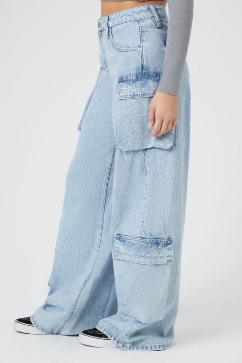 Jeans Forever 21 Rhinestone Wide Leg Cargo Mujer Azules Claro | aCku7DqvnPl