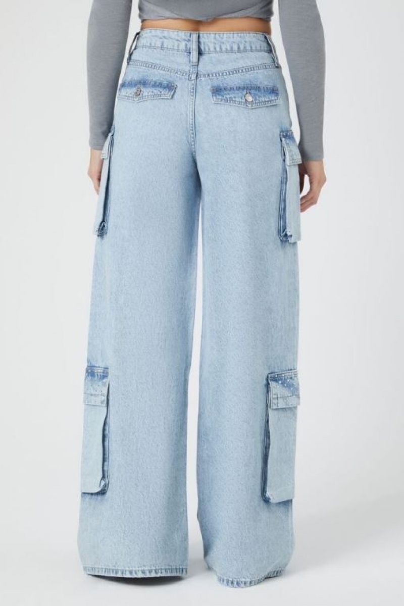 Jeans Forever 21 Rhinestone Wide Leg Cargo Mujer Azules Claro | aCku7DqvnPl