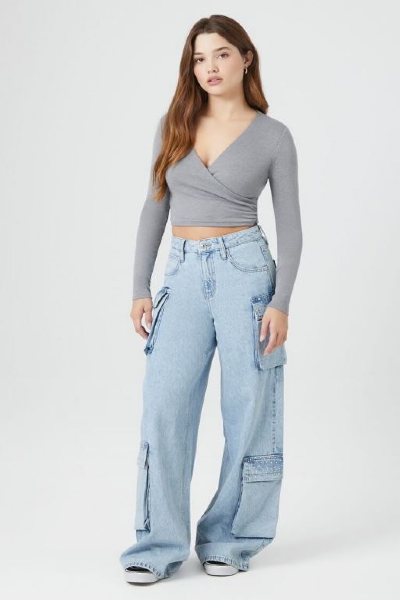 Jeans Forever 21 Rhinestone Wide Leg Cargo Mujer Azules Claro | aCku7DqvnPl