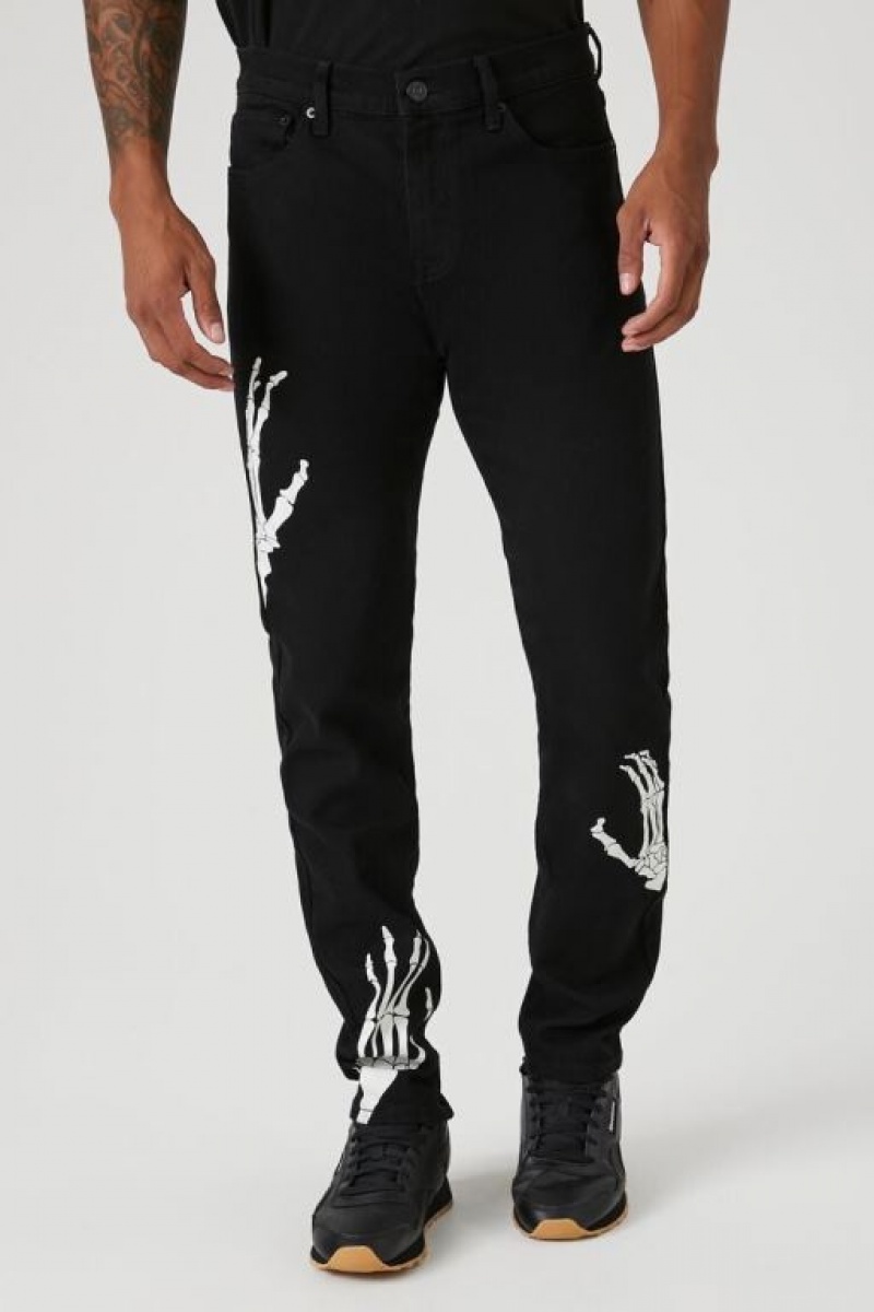 Jeans Forever 21 Skeleton Estampadas Slim Fit Hombre Negras Blancas | ZgIZKDT1RkW