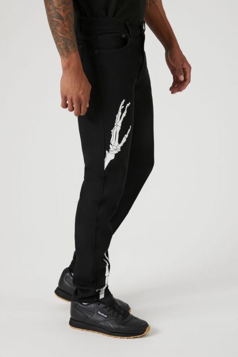 Jeans Forever 21 Skeleton Estampadas Slim Fit Hombre Negras Blancas | ZgIZKDT1RkW