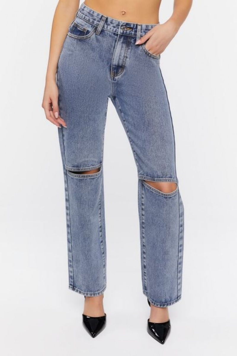 Jeans Forever 21 Split Knee Relaxed High Rise Mujer Azules | 7qVDj2VS0HF