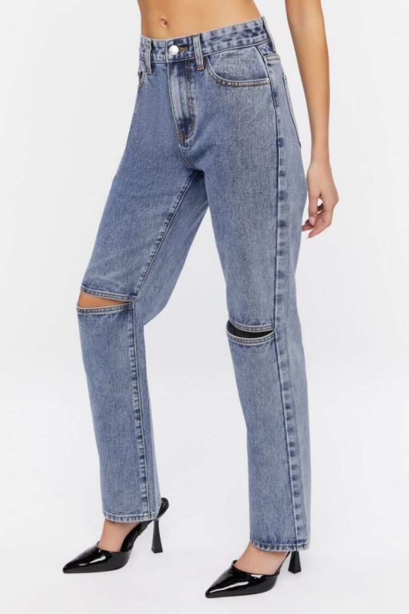 Jeans Forever 21 Split Knee Relaxed High Rise Mujer Azules | 7qVDj2VS0HF