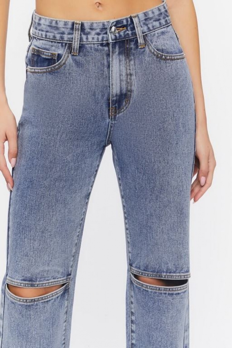 Jeans Forever 21 Split Knee Relaxed High Rise Mujer Azules | 7qVDj2VS0HF